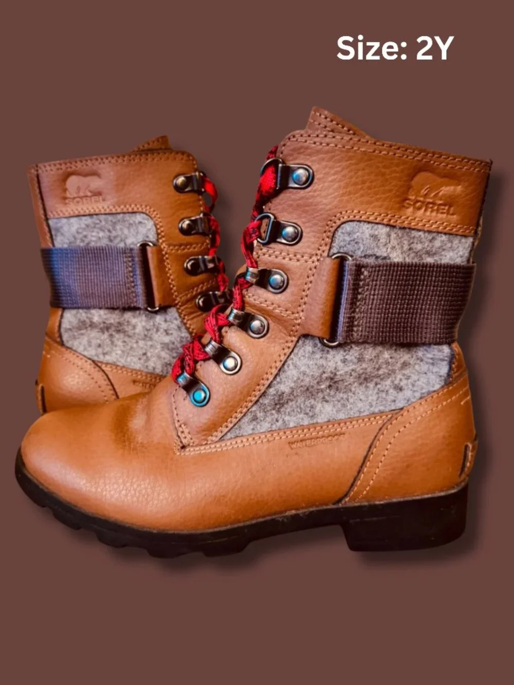 Sorel Emelie Conquest Waterproof Boots Brown Red Kids Size 2 EUC
